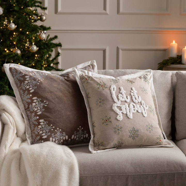 Winter Let It Snow Embroidered Cushion, Greige