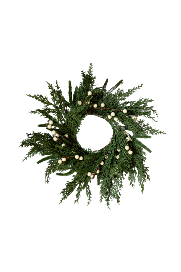 White Plum Berry Norfolk Cypress Real Touch Wreath, 14"