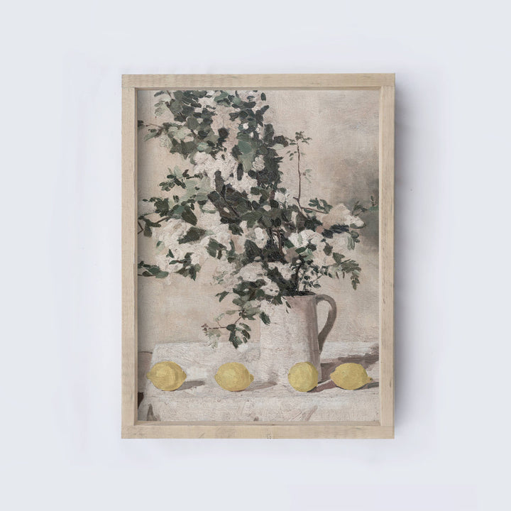 Vintage Print Framed, Flower Still Life with Lemons