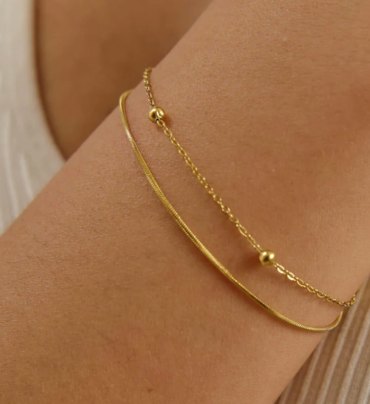 Satellite Bead 2-Strand Bracelet, Steel 14K Gold