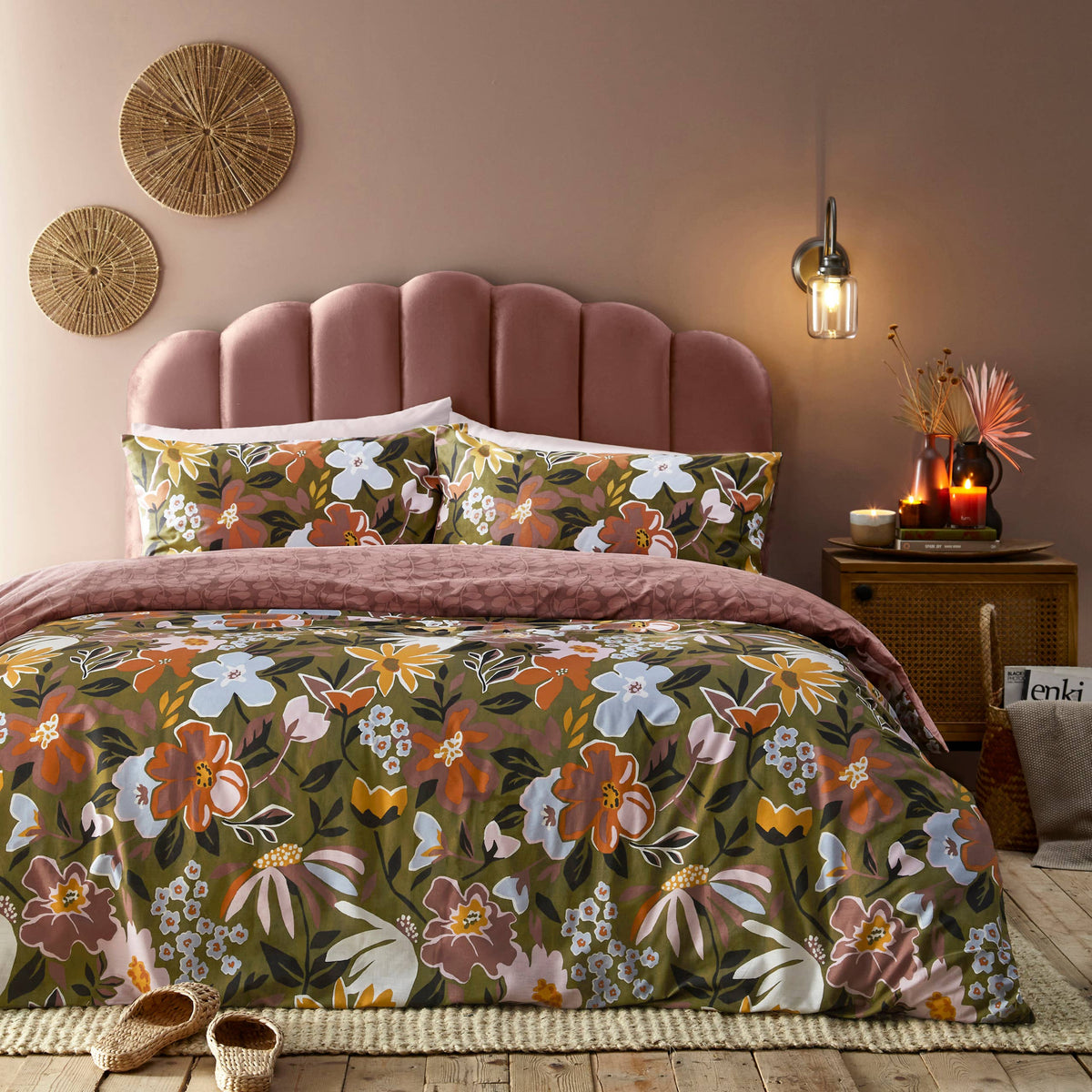 Asterea Duvet Cover Set, Olive/Pink