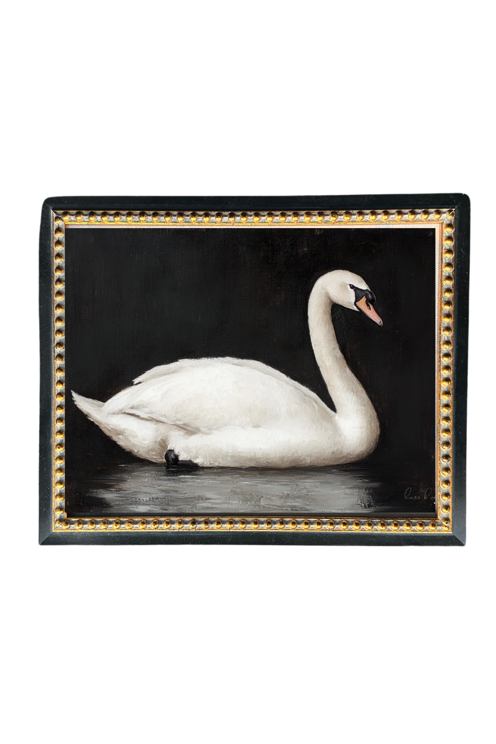 Moody Swan Gold Beaded Black French Framed Art